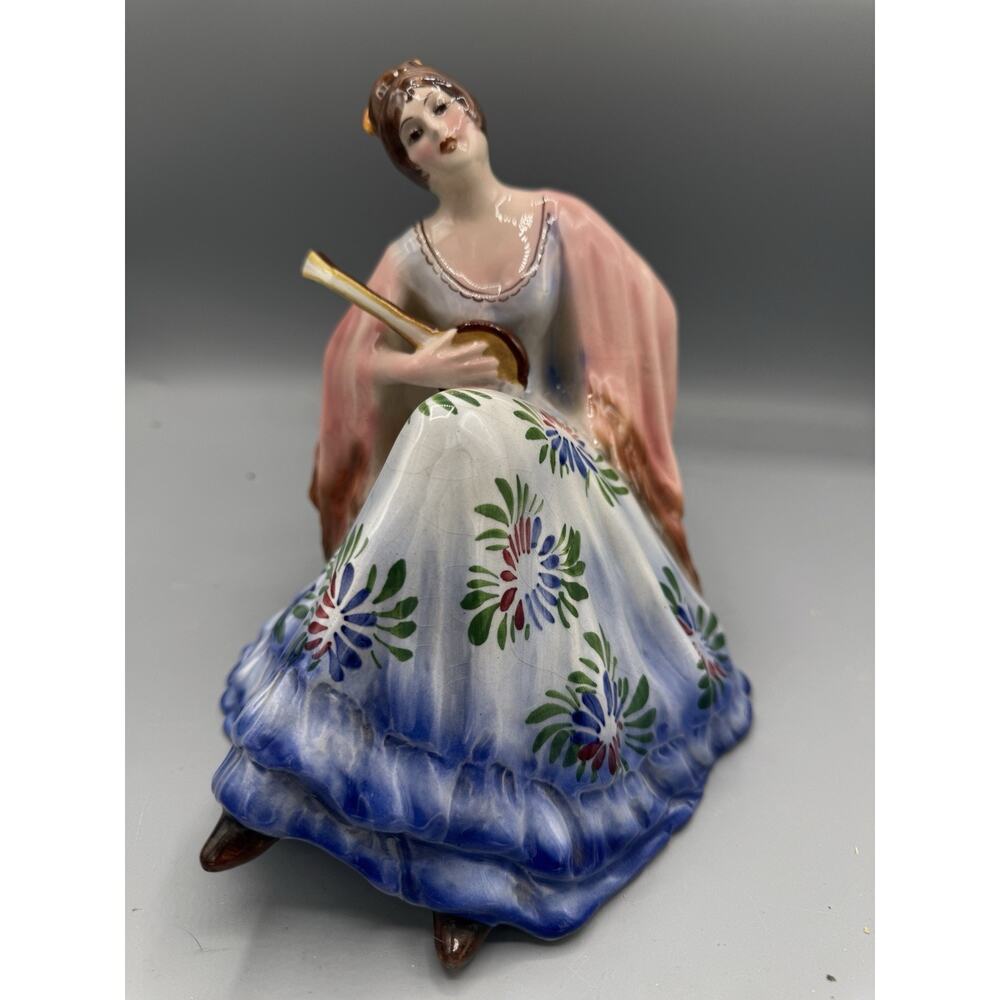 Vintage Italian Ceramic Seated Lady Figurine Mandolin Basco